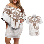 New Zealand Manta Ray Tattoo Couples Matching Off Shoulder Short Dress and Hawaiian Shirt Aotearoa Maori Haehae Beige - Aussie Hoodie