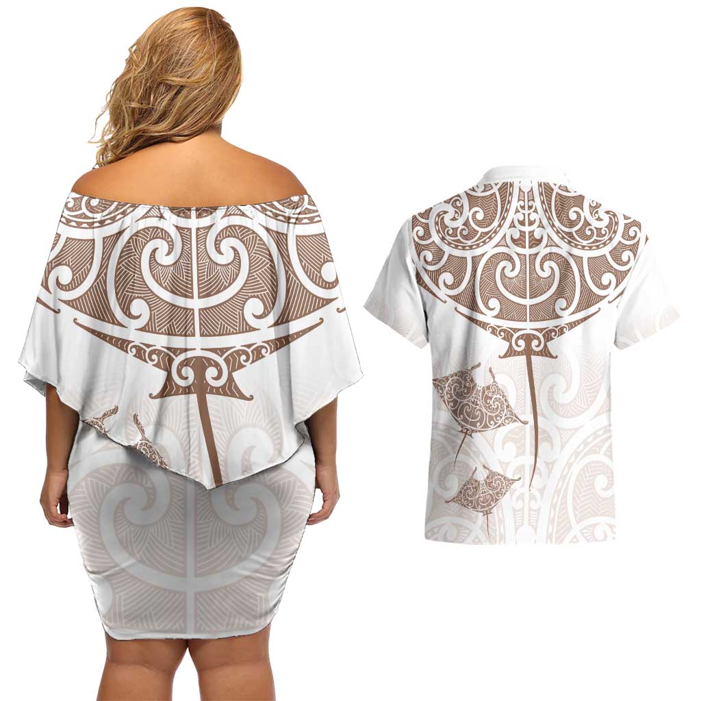 New Zealand Manta Ray Tattoo Couples Matching Off Shoulder Short Dress and Hawaiian Shirt Aotearoa Maori Haehae Beige - Aussie Hoodie
