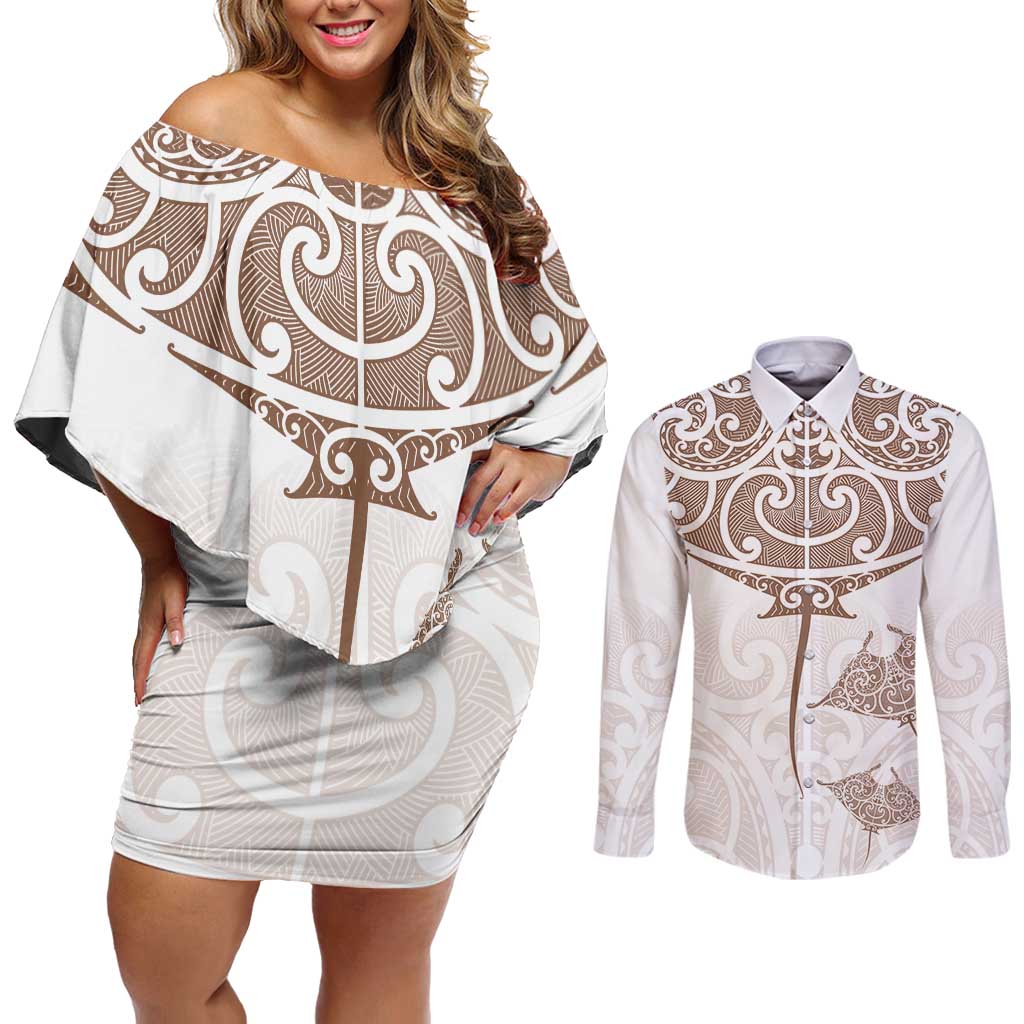 New Zealand Manta Ray Tattoo Couples Matching Off Shoulder Short Dress and Long Sleeve Button Shirt Aotearoa Maori Haehae Beige - Aussie Hoodie