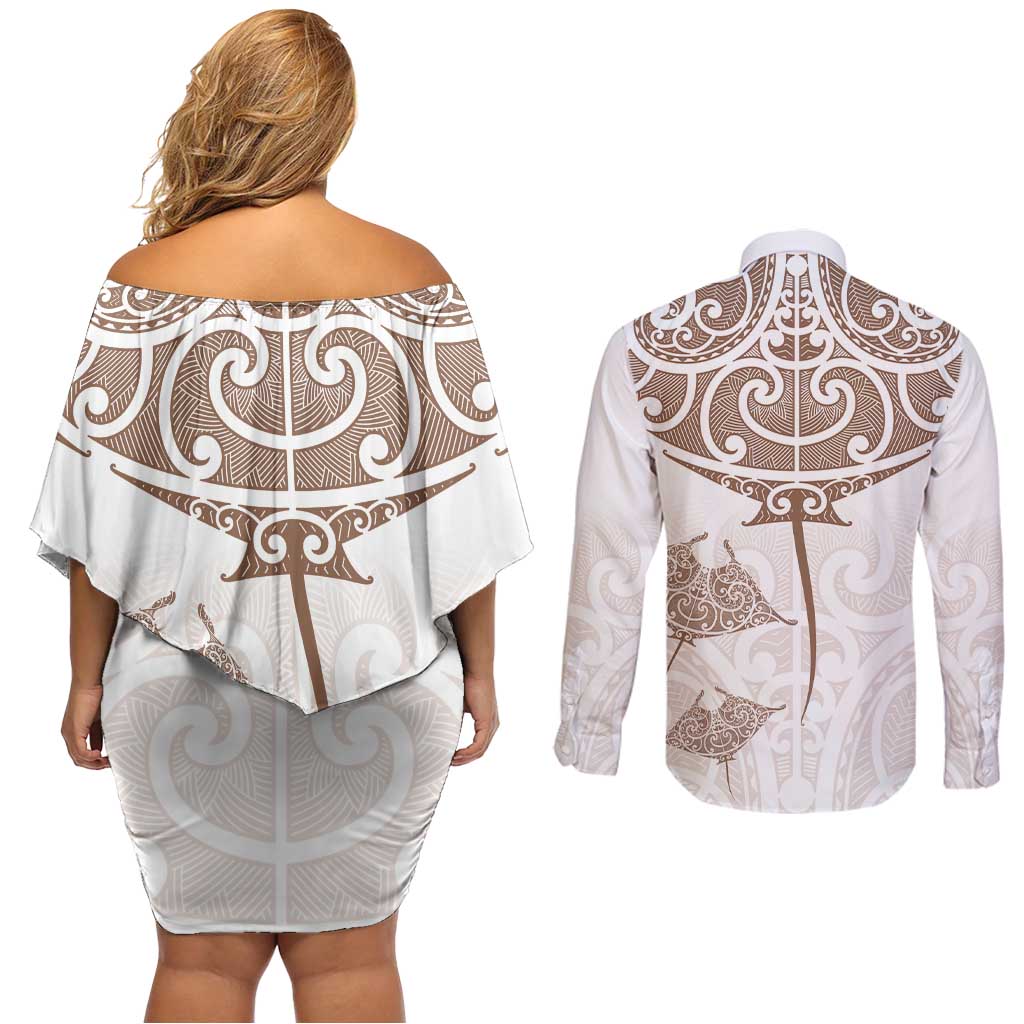 New Zealand Manta Ray Tattoo Couples Matching Off Shoulder Short Dress and Long Sleeve Button Shirt Aotearoa Maori Haehae Beige - Aussie Hoodie