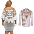 New Zealand Manta Ray Tattoo Couples Matching Off Shoulder Short Dress and Long Sleeve Button Shirt Aotearoa Maori Haehae Beige - Aussie Hoodie