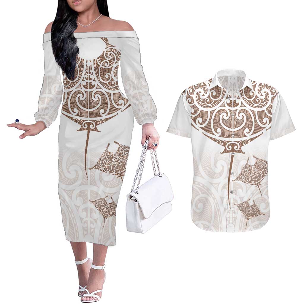 New Zealand Manta Ray Tattoo Couples Matching Off The Shoulder Long Sleeve Dress and Hawaiian Shirt Aotearoa Maori Haehae Beige - Aussie Hoodie