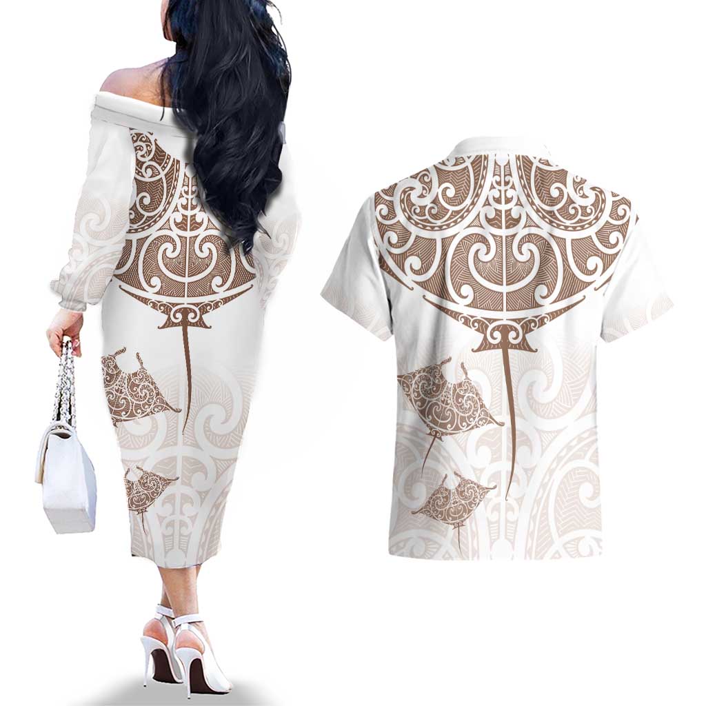 New Zealand Manta Ray Tattoo Couples Matching Off The Shoulder Long Sleeve Dress and Hawaiian Shirt Aotearoa Maori Haehae Beige - Aussie Hoodie
