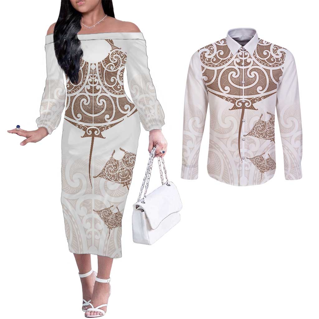 New Zealand Manta Ray Tattoo Couples Matching Off The Shoulder Long Sleeve Dress and Long Sleeve Button Shirt Aotearoa Maori Haehae Beige - Aussie Hoodie