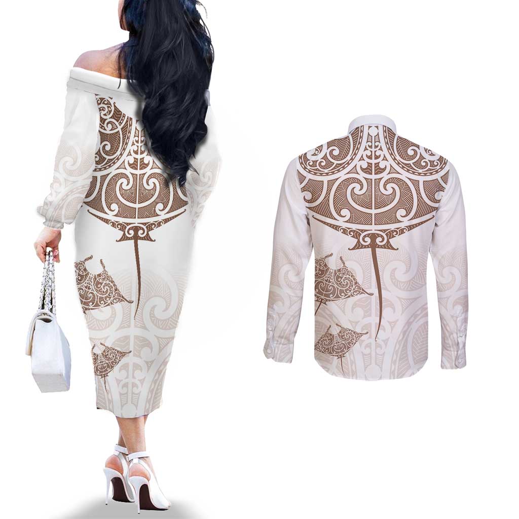 New Zealand Manta Ray Tattoo Couples Matching Off The Shoulder Long Sleeve Dress and Long Sleeve Button Shirt Aotearoa Maori Haehae Beige - Aussie Hoodie