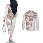 New Zealand Manta Ray Tattoo Couples Matching Off The Shoulder Long Sleeve Dress and Long Sleeve Button Shirt Aotearoa Maori Haehae Beige - Aussie Hoodie