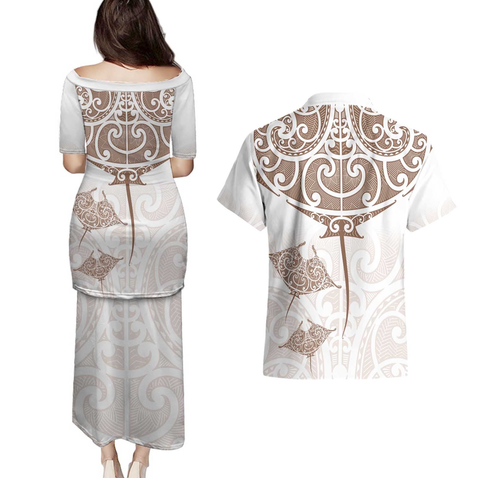New Zealand Manta Ray Tattoo Couples Matching Puletasi and Hawaiian Shirt Aotearoa Maori Haehae Beige - Aussie Hoodie
