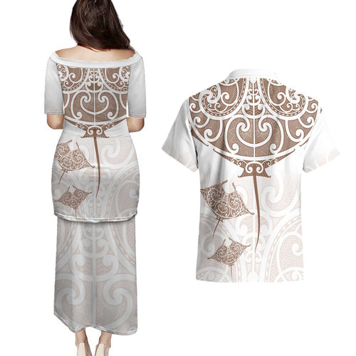 New Zealand Manta Ray Tattoo Couples Matching Puletasi and Hawaiian Shirt Aotearoa Maori Haehae Beige - Aussie Hoodie