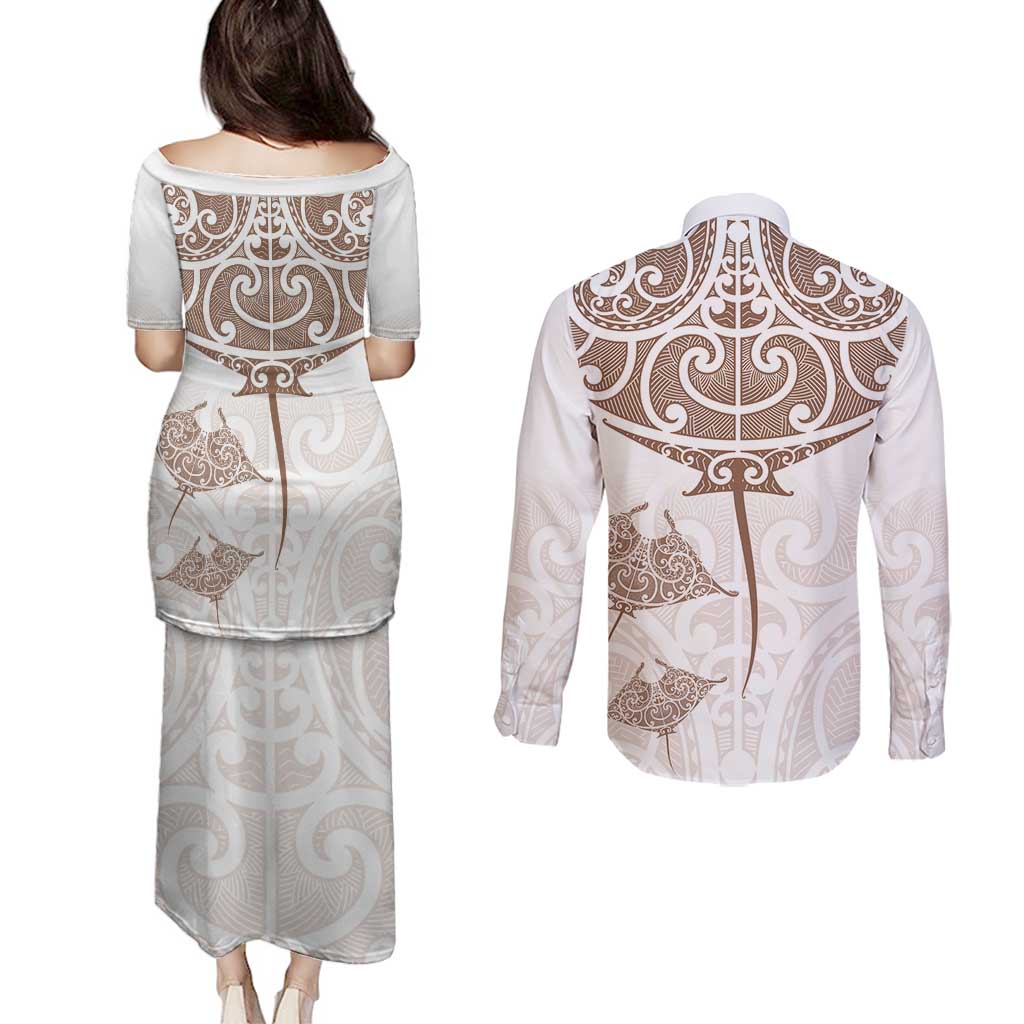 New Zealand Manta Ray Tattoo Couples Matching Puletasi and Long Sleeve Button Shirt Aotearoa Maori Haehae Beige - Aussie Hoodie