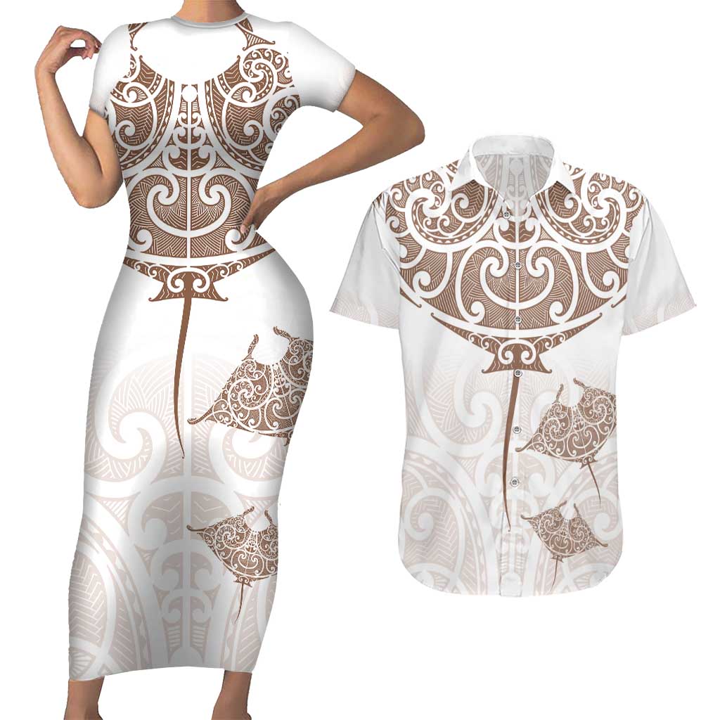 New Zealand Manta Ray Tattoo Couples Matching Short Sleeve Bodycon Dress and Hawaiian Shirt Aotearoa Maori Haehae Beige - Aussie Hoodie