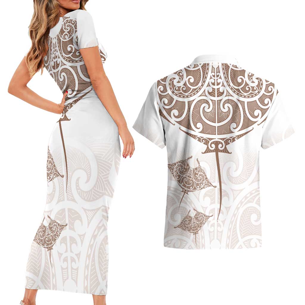 New Zealand Manta Ray Tattoo Couples Matching Short Sleeve Bodycon Dress and Hawaiian Shirt Aotearoa Maori Haehae Beige - Aussie Hoodie