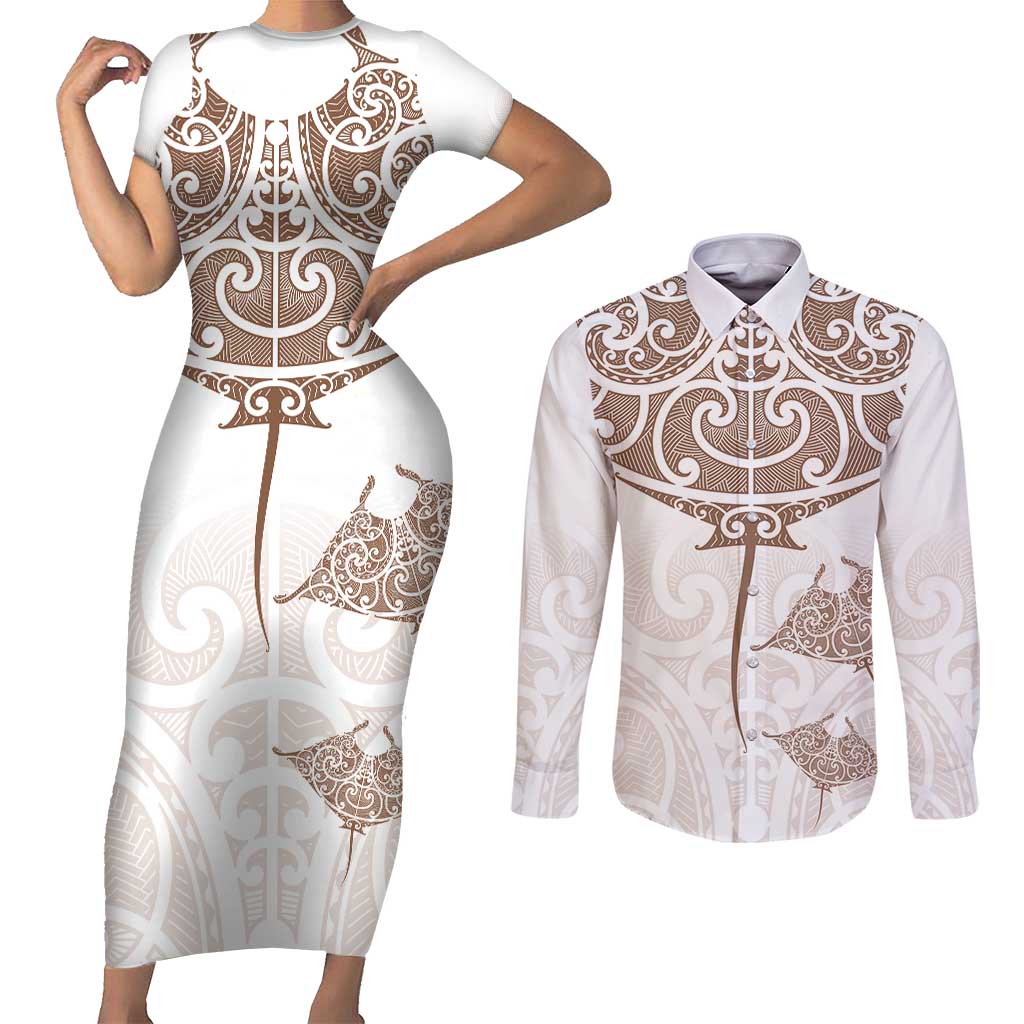 New Zealand Manta Ray Tattoo Couples Matching Short Sleeve Bodycon Dress and Long Sleeve Button Shirt Aotearoa Maori Haehae Beige - Aussie Hoodie