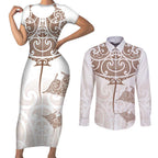 New Zealand Manta Ray Tattoo Couples Matching Short Sleeve Bodycon Dress and Long Sleeve Button Shirt Aotearoa Maori Haehae Beige - Aussie Hoodie