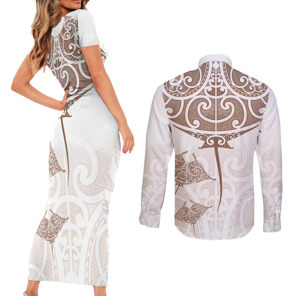 New Zealand Manta Ray Tattoo Couples Matching Short Sleeve Bodycon Dress and Long Sleeve Button Shirt Aotearoa Maori Haehae Beige - Aussie Hoodie