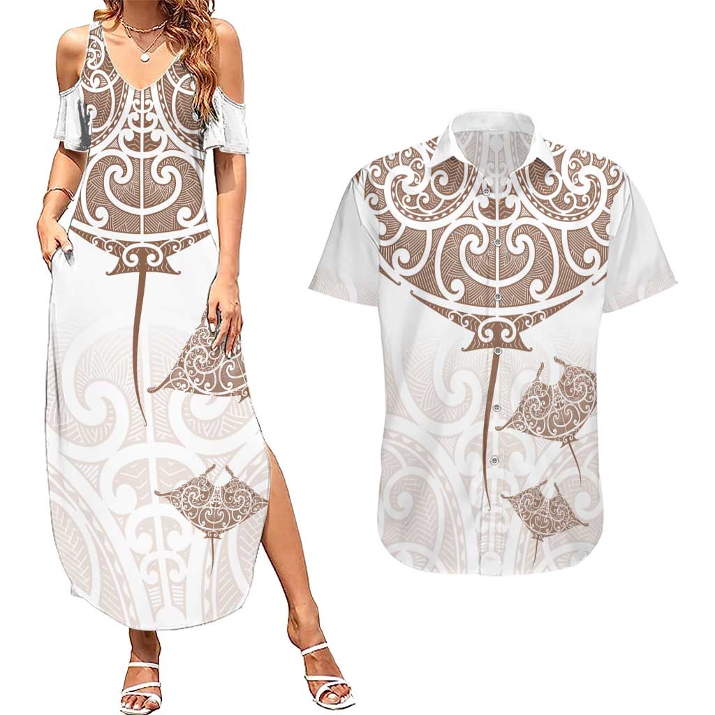 New Zealand Manta Ray Tattoo Couples Matching Summer Maxi Dress and Hawaiian Shirt Aotearoa Maori Haehae Beige - Aussie Hoodie