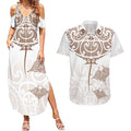 New Zealand Manta Ray Tattoo Couples Matching Summer Maxi Dress and Hawaiian Shirt Aotearoa Maori Haehae Beige - Aussie Hoodie