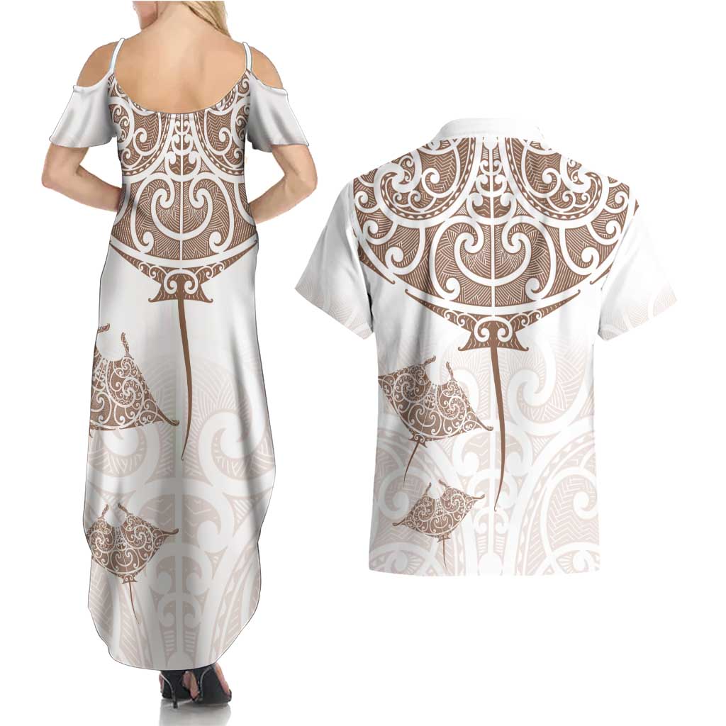 New Zealand Manta Ray Tattoo Couples Matching Summer Maxi Dress and Hawaiian Shirt Aotearoa Maori Haehae Beige - Aussie Hoodie