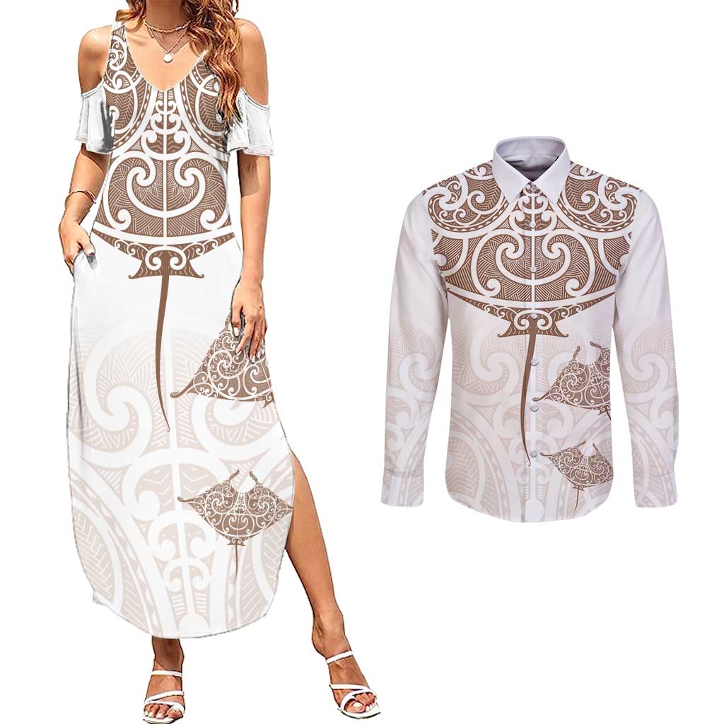 New Zealand Manta Ray Tattoo Couples Matching Summer Maxi Dress and Long Sleeve Button Shirt Aotearoa Maori Haehae Beige - Aussie Hoodie