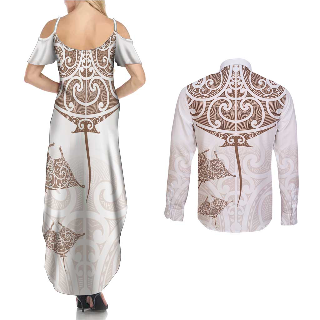 New Zealand Manta Ray Tattoo Couples Matching Summer Maxi Dress and Long Sleeve Button Shirt Aotearoa Maori Haehae Beige - Aussie Hoodie