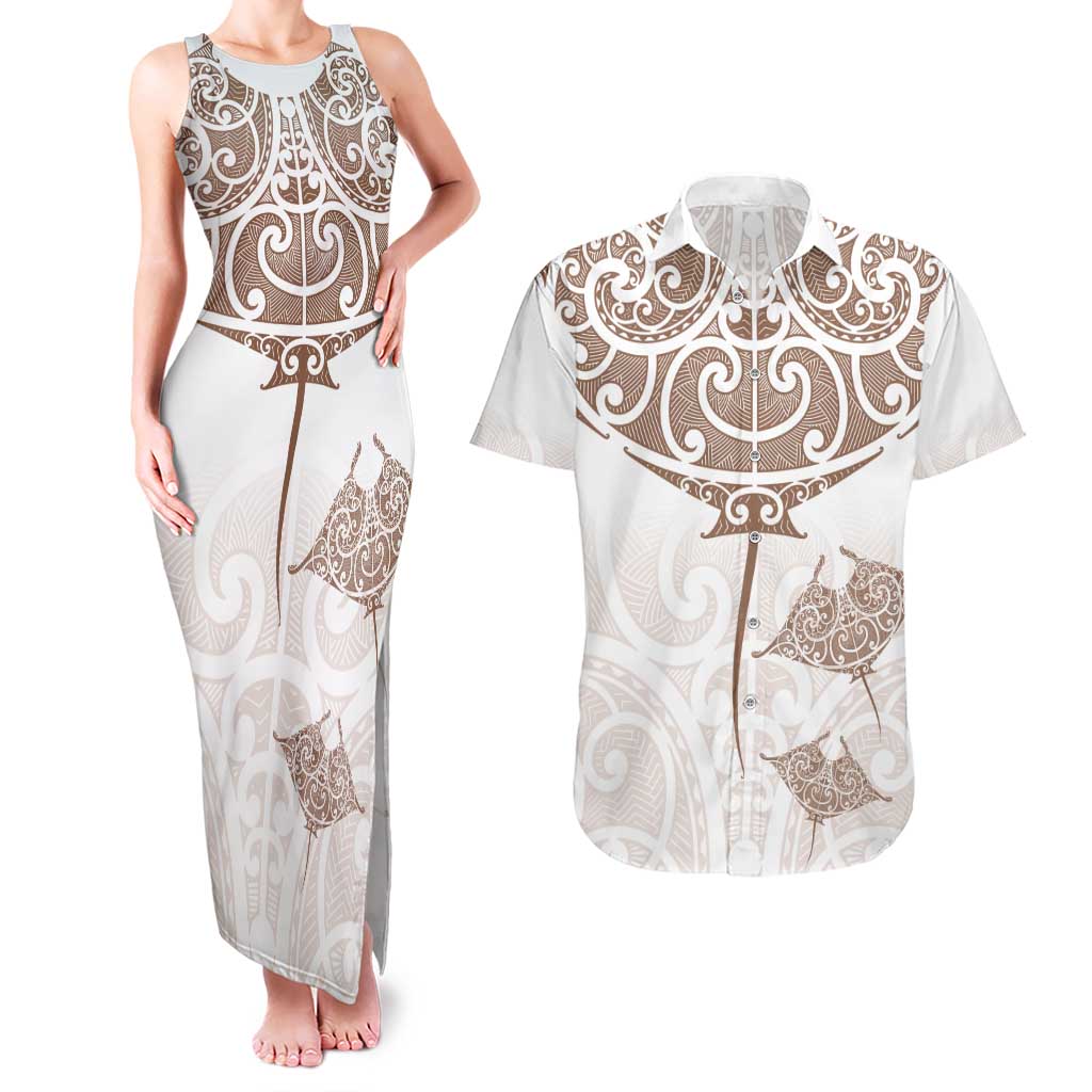 New Zealand Manta Ray Tattoo Couples Matching Tank Maxi Dress and Hawaiian Shirt Aotearoa Maori Haehae Beige - Aussie Hoodie
