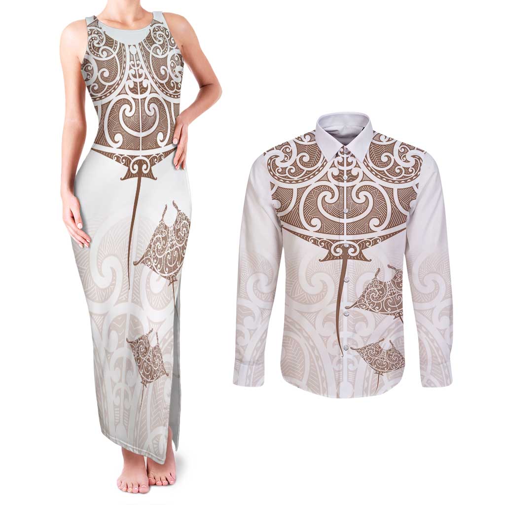New Zealand Manta Ray Tattoo Couples Matching Tank Maxi Dress and Long Sleeve Button Shirt Aotearoa Maori Haehae Beige - Aussie Hoodie