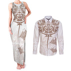 New Zealand Manta Ray Tattoo Couples Matching Tank Maxi Dress and Long Sleeve Button Shirt Aotearoa Maori Haehae Beige - Aussie Hoodie