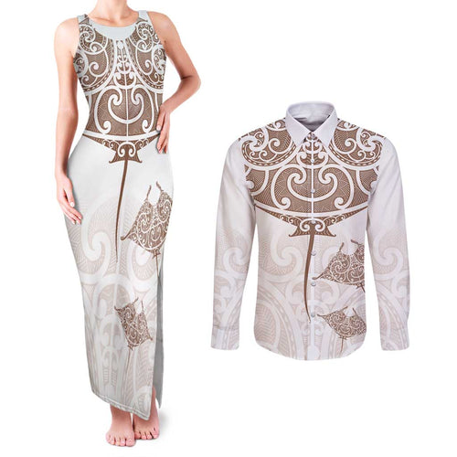 New Zealand Manta Ray Tattoo Couples Matching Tank Maxi Dress and Long Sleeve Button Shirt Aotearoa Maori Haehae Beige - Aussie Hoodie