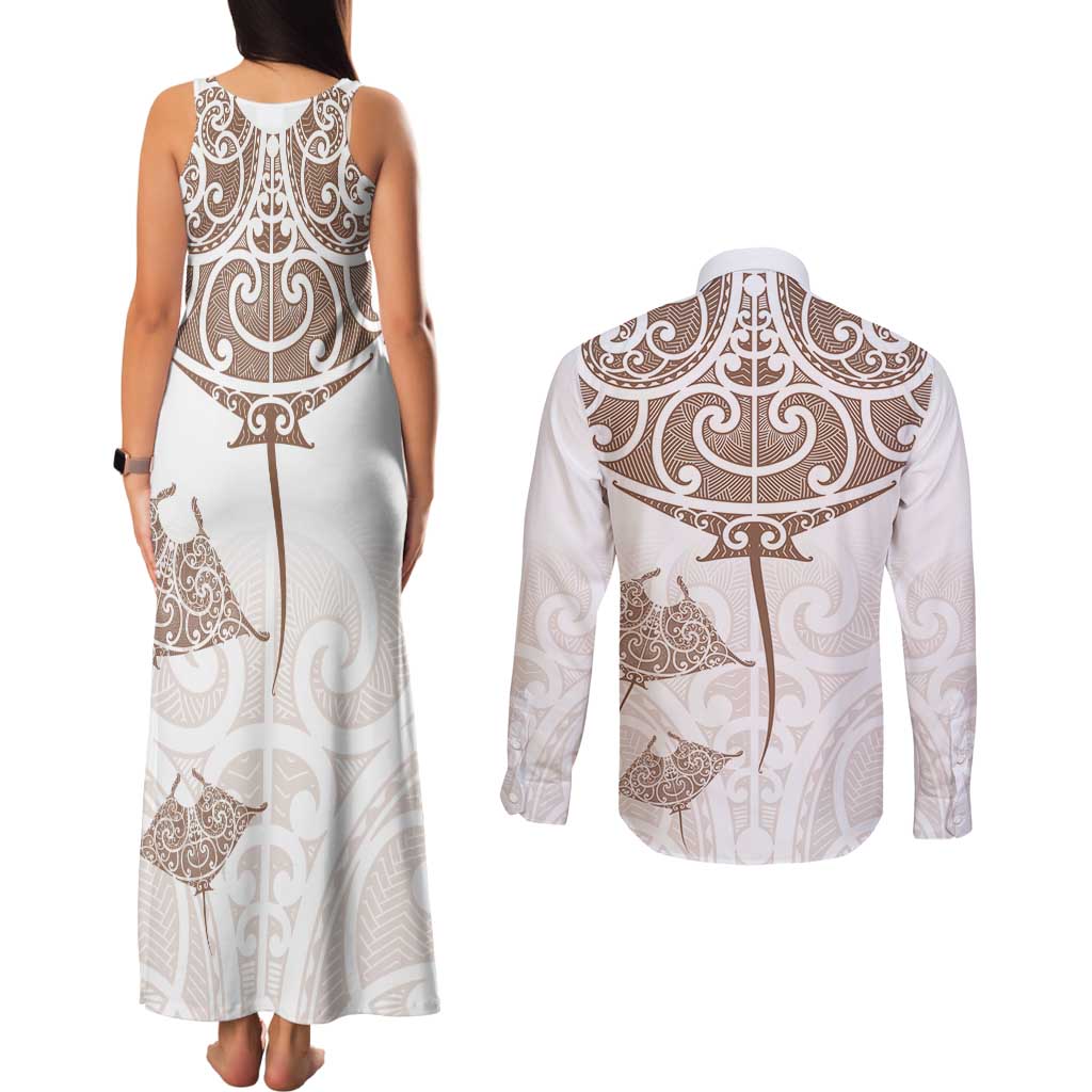 New Zealand Manta Ray Tattoo Couples Matching Tank Maxi Dress and Long Sleeve Button Shirt Aotearoa Maori Haehae Beige - Aussie Hoodie