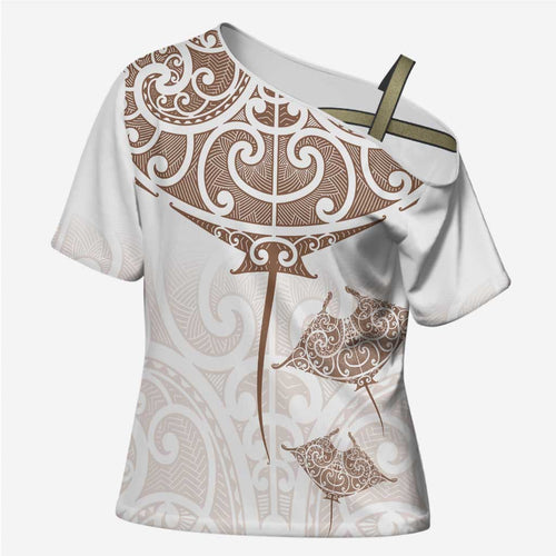 New Zealand Manta Ray Tattoo Cross Shoulder Shirt Aotearoa Maori Haehae Beige - Aussie Hoodie