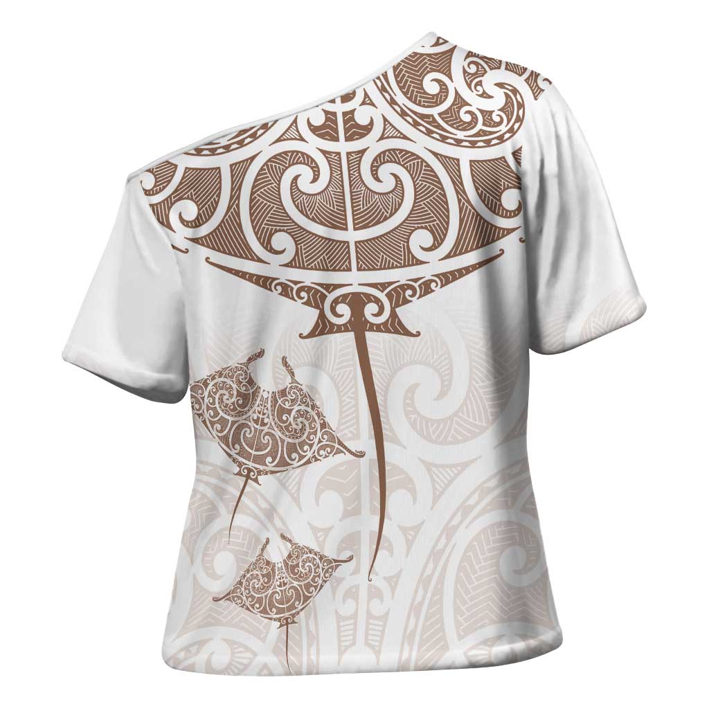 New Zealand Manta Ray Tattoo Cross Shoulder Shirt Aotearoa Maori Haehae Beige - Aussie Hoodie