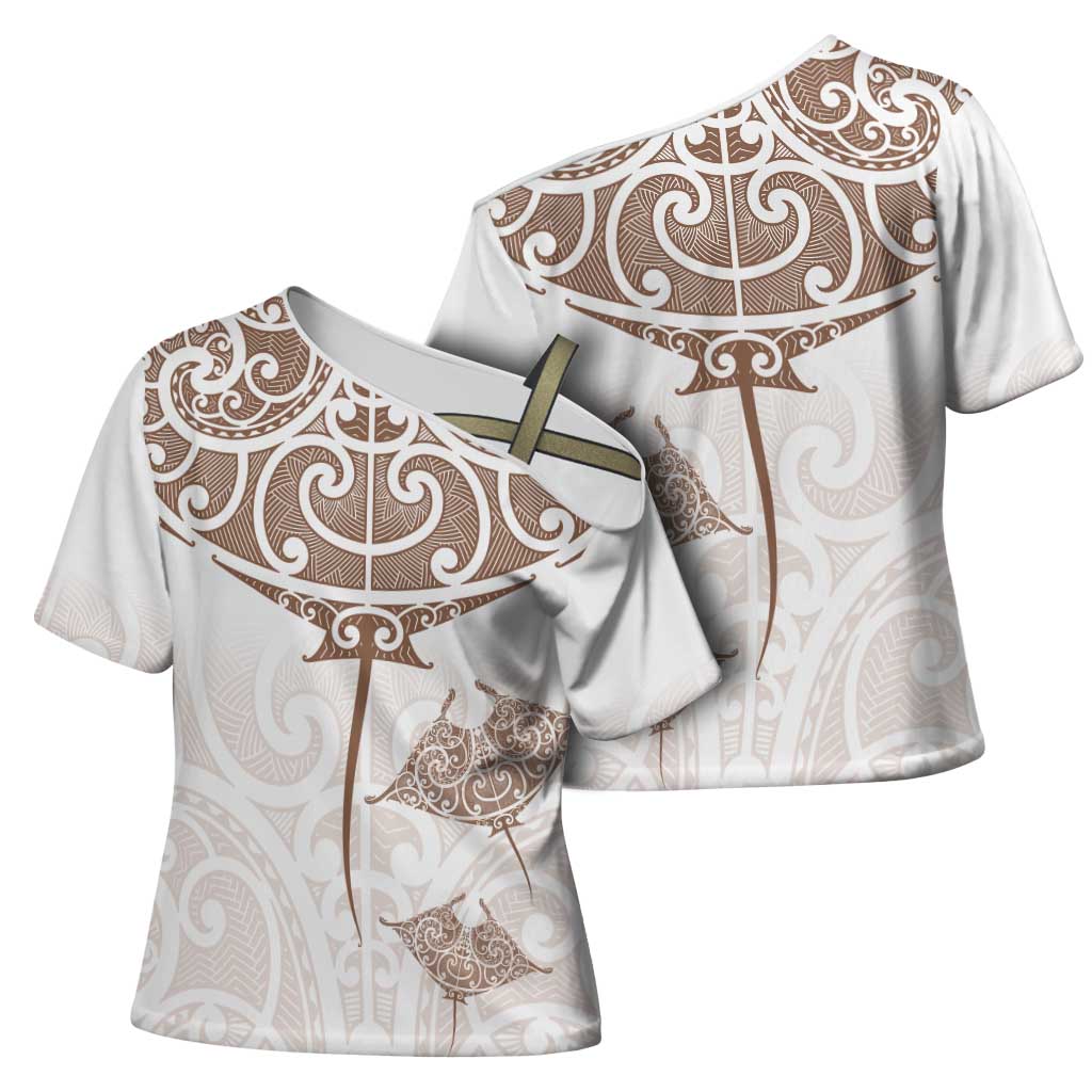 New Zealand Manta Ray Tattoo Cross Shoulder Shirt Aotearoa Maori Haehae Beige - Aussie Hoodie