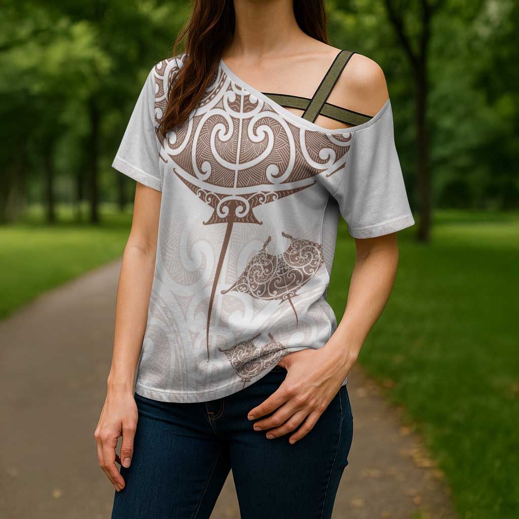 New Zealand Manta Ray Tattoo Cross Shoulder Shirt Aotearoa Maori Haehae Beige - Aussie Hoodie