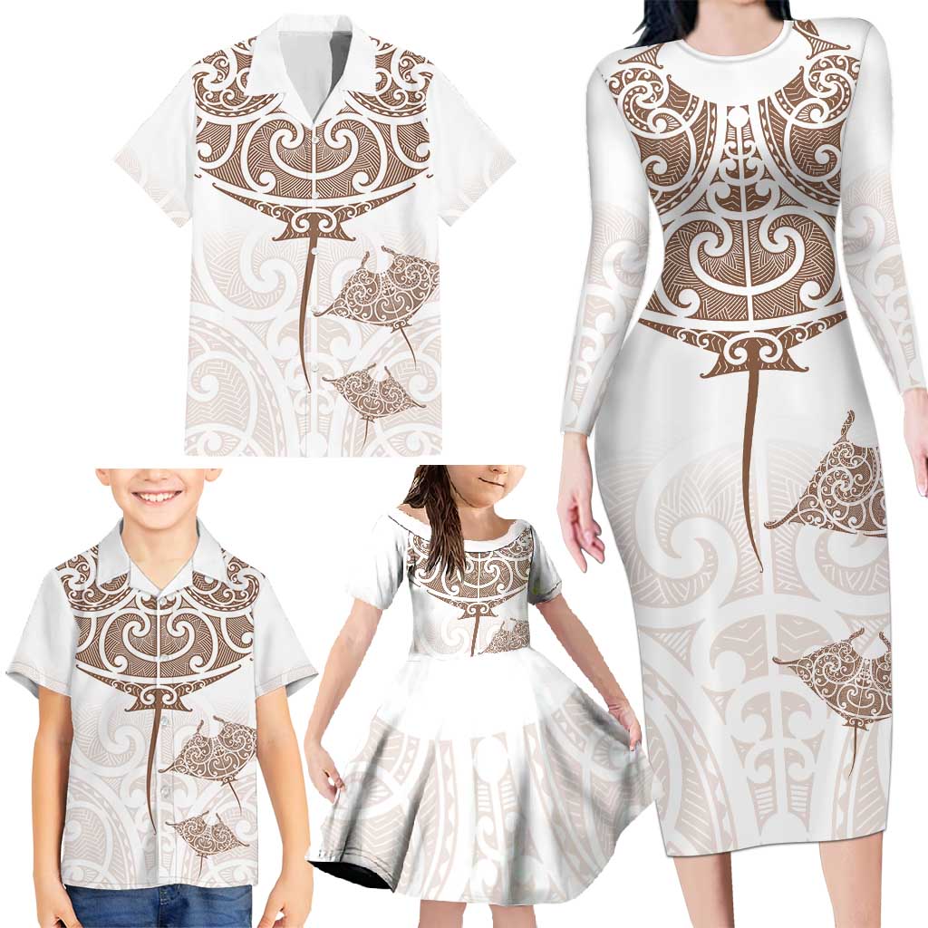 New Zealand Manta Ray Tattoo Family Matching Long Sleeve Bodycon Dress and Hawaiian Shirt Aotearoa Maori Haehae Beige - Aussie Hoodie