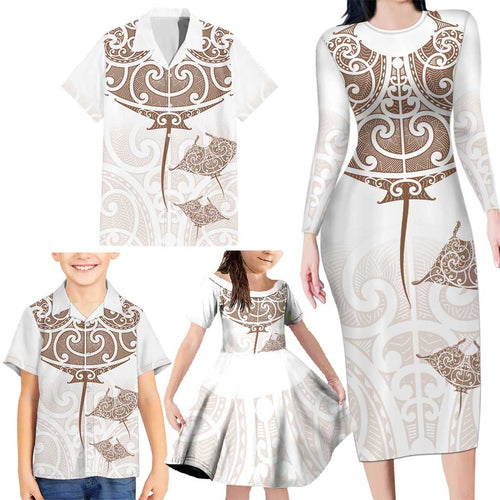 New Zealand Manta Ray Tattoo Family Matching Long Sleeve Bodycon Dress and Hawaiian Shirt Aotearoa Maori Haehae Beige - Aussie Hoodie