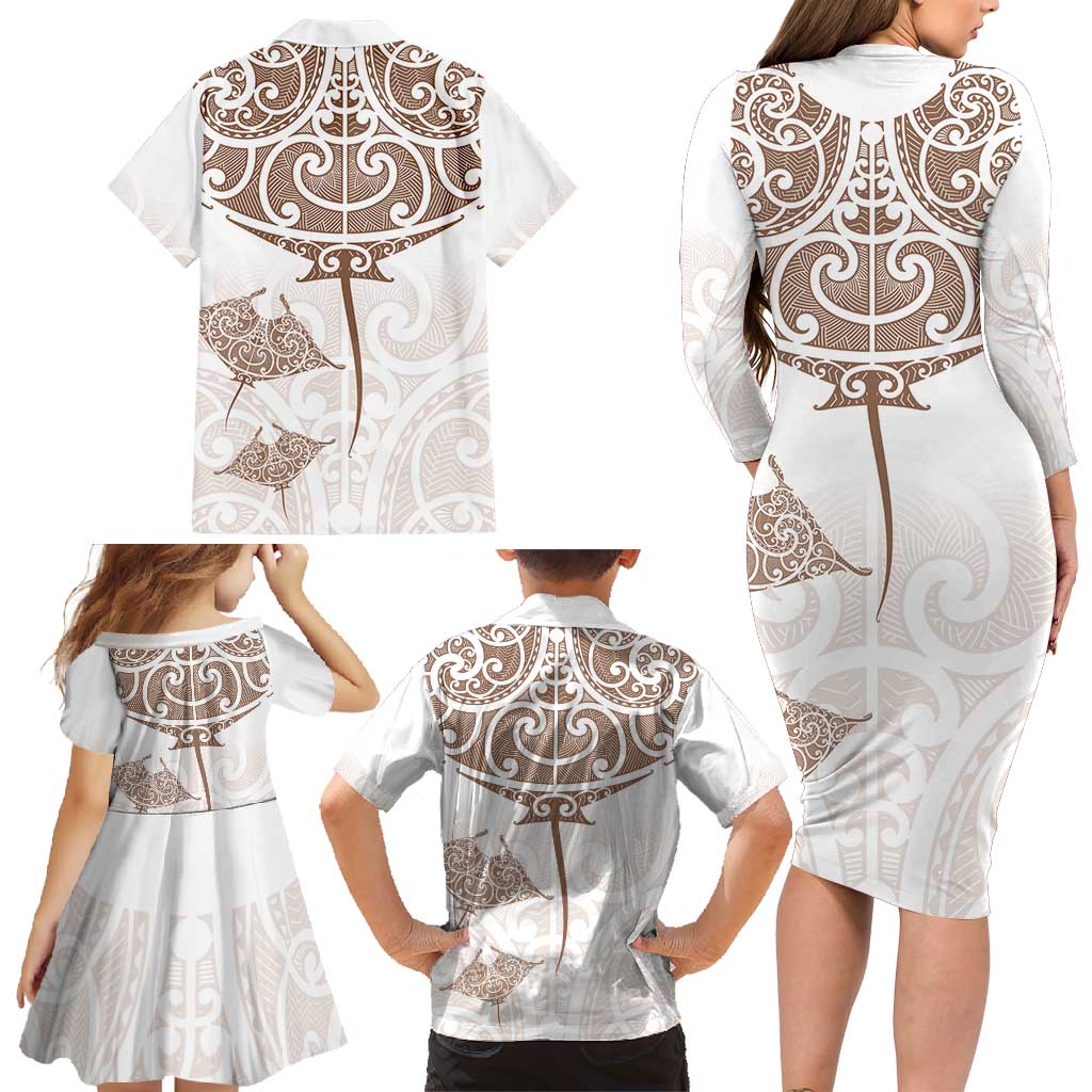 New Zealand Manta Ray Tattoo Family Matching Long Sleeve Bodycon Dress and Hawaiian Shirt Aotearoa Maori Haehae Beige - Aussie Hoodie