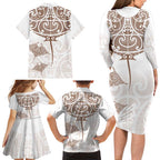 New Zealand Manta Ray Tattoo Family Matching Long Sleeve Bodycon Dress and Hawaiian Shirt Aotearoa Maori Haehae Beige - Aussie Hoodie