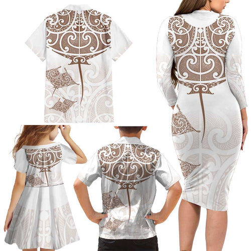 New Zealand Manta Ray Tattoo Family Matching Long Sleeve Bodycon Dress and Hawaiian Shirt Aotearoa Maori Haehae Beige - Aussie Hoodie