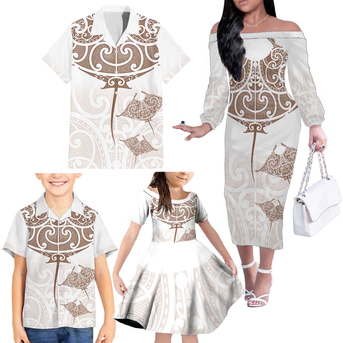 New Zealand Manta Ray Tattoo Family Matching Off The Shoulder Long Sleeve Dress and Hawaiian Shirt Aotearoa Maori Haehae Beige - Aussie Hoodie