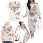 New Zealand Manta Ray Tattoo Family Matching Off The Shoulder Long Sleeve Dress and Hawaiian Shirt Aotearoa Maori Haehae Beige - Aussie Hoodie
