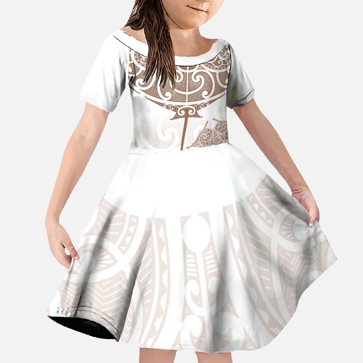 New Zealand Manta Ray Tattoo Family Matching Off The Shoulder Long Sleeve Dress and Hawaiian Shirt Aotearoa Maori Haehae Beige - Aussie Hoodie