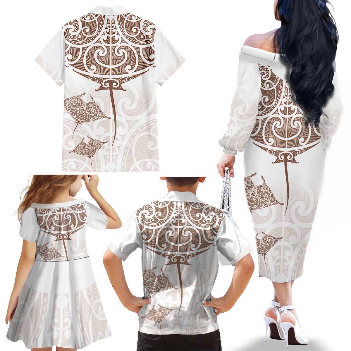 New Zealand Manta Ray Tattoo Family Matching Off The Shoulder Long Sleeve Dress and Hawaiian Shirt Aotearoa Maori Haehae Beige - Aussie Hoodie