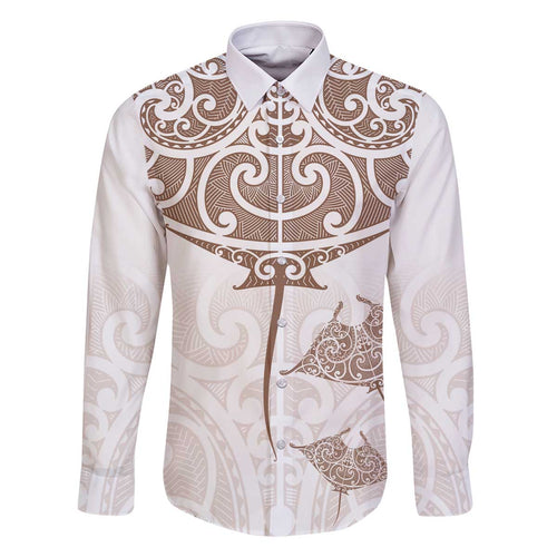 New Zealand Manta Ray Tattoo Family Matching Off The Shoulder Long Sleeve Dress and Hawaiian Shirt Aotearoa Maori Haehae Beige - Aussie Hoodie