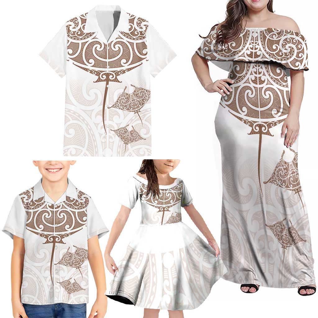 New Zealand Manta Ray Tattoo Family Matching Off Shoulder Maxi Dress and Hawaiian Shirt Aotearoa Maori Haehae Beige - Aussie Hoodie