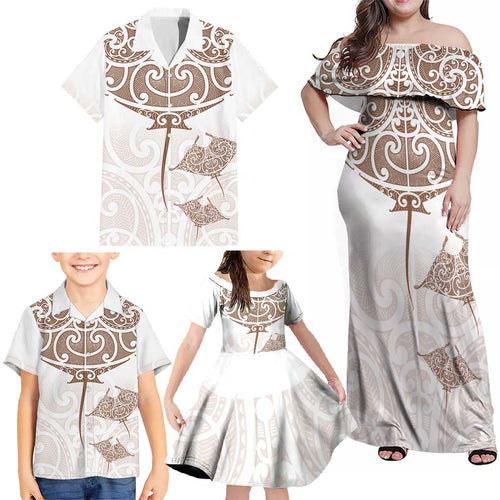 New Zealand Manta Ray Tattoo Family Matching Off Shoulder Maxi Dress and Hawaiian Shirt Aotearoa Maori Haehae Beige - Aussie Hoodie