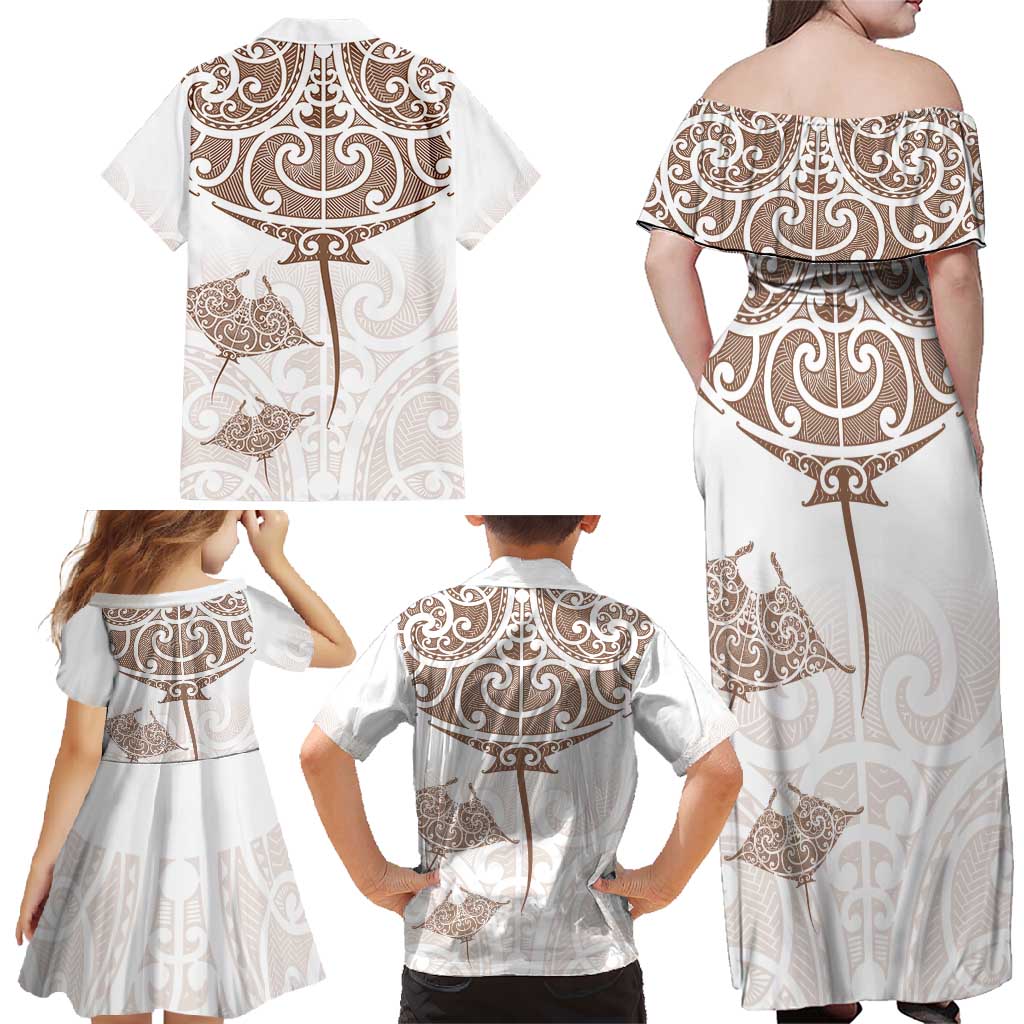 New Zealand Manta Ray Tattoo Family Matching Off Shoulder Maxi Dress and Hawaiian Shirt Aotearoa Maori Haehae Beige - Aussie Hoodie