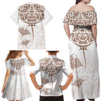 New Zealand Manta Ray Tattoo Family Matching Off Shoulder Maxi Dress and Hawaiian Shirt Aotearoa Maori Haehae Beige - Aussie Hoodie