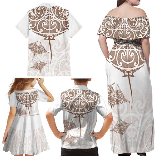 New Zealand Manta Ray Tattoo Family Matching Off Shoulder Maxi Dress and Hawaiian Shirt Aotearoa Maori Haehae Beige - Aussie Hoodie