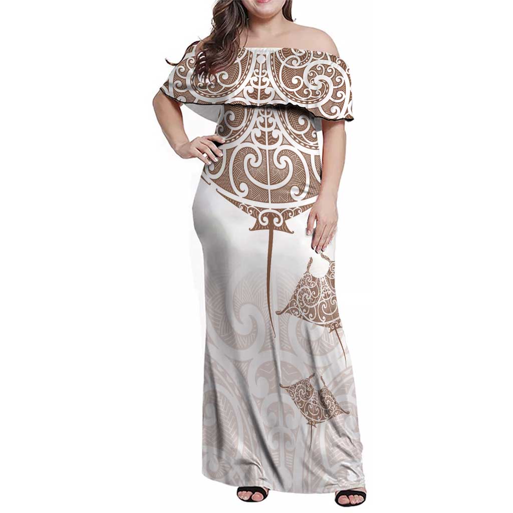New Zealand Manta Ray Tattoo Family Matching Off Shoulder Maxi Dress and Hawaiian Shirt Aotearoa Maori Haehae Beige - Aussie Hoodie