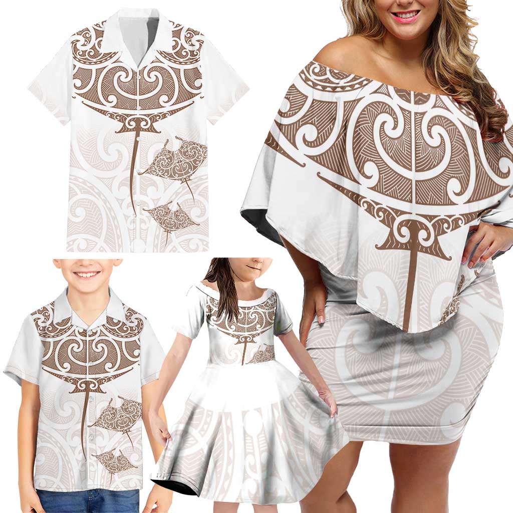 New Zealand Manta Ray Tattoo Family Matching Off Shoulder Short Dress and Hawaiian Shirt Aotearoa Maori Haehae Beige - Aussie Hoodie