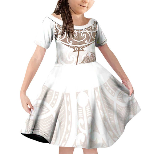 New Zealand Manta Ray Tattoo Family Matching Off Shoulder Short Dress and Hawaiian Shirt Aotearoa Maori Haehae Beige - Aussie Hoodie